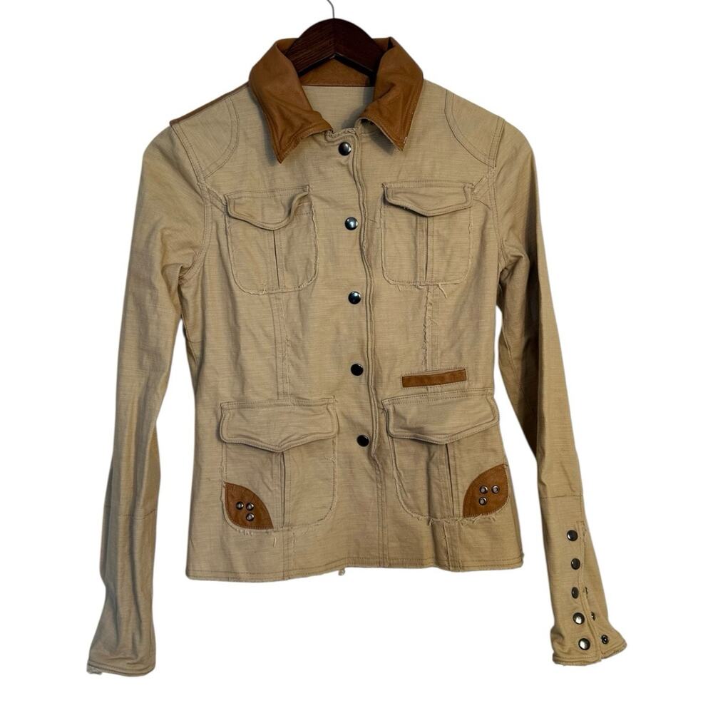 Jakett New York Khaki Utility Jacket Leather Trim Women’s XS Snap Button - Picture 1 of 10